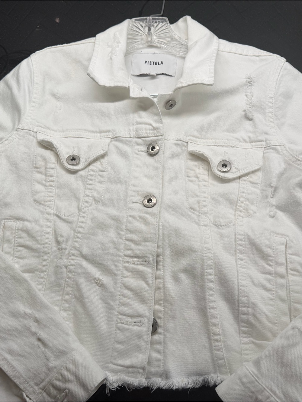Pistola White Distressed Cropped Denim Jacket w/Frayed Hem Small Great condition - Picture 4 of 9